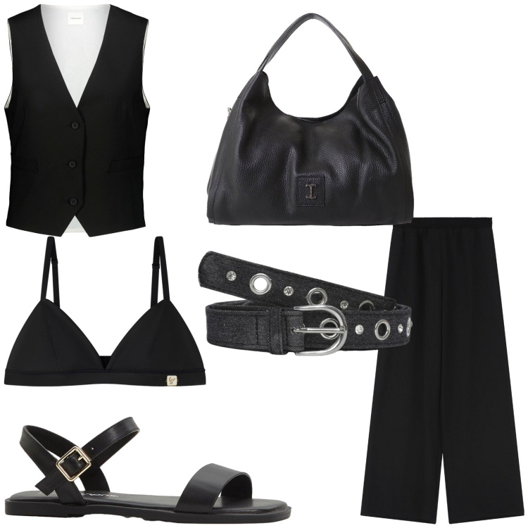 Outfit donna - Black elegance. Stile Glamour per Tutti i giorni. Abbinamento con sandali, cinture, pantaloni a palazzo, pochette, reggiseni, gilet.