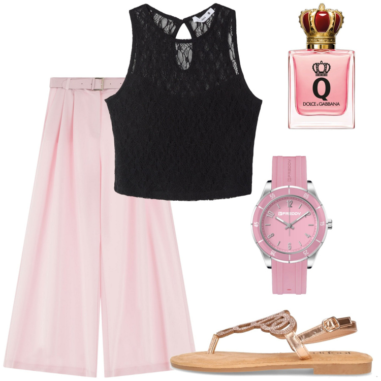 Outfit donna - Pink. Stile Glamour per Tutti i giorni. Abbinamento con profumi, top, pantaloni a palazzo, orologi, sandali in pelle.