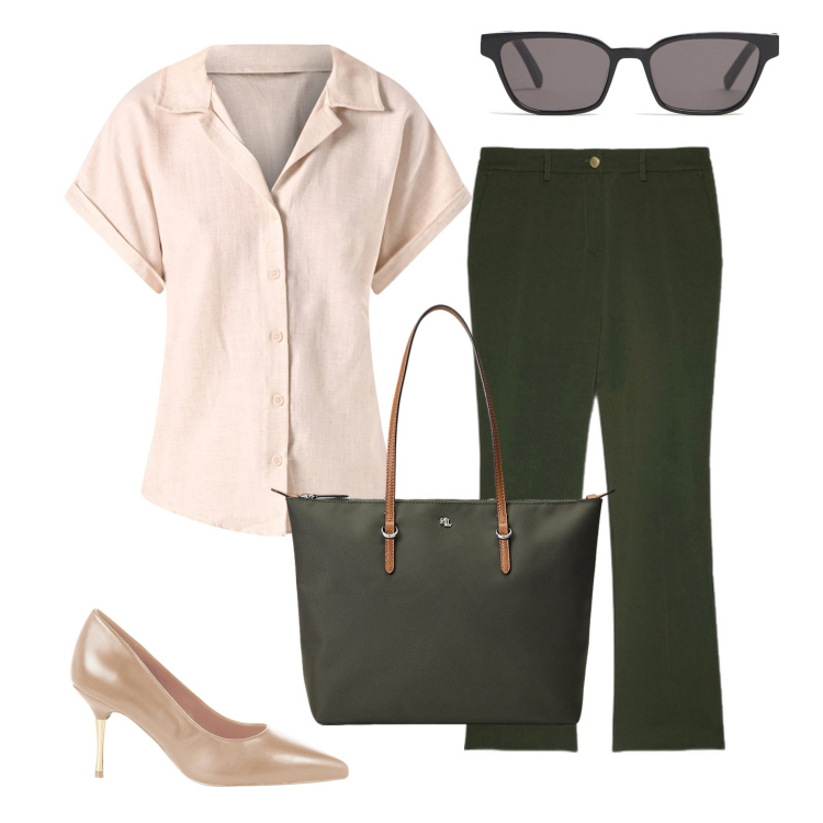 Outfit donna - Con la camicia. Stile Casual per Tutti i giorni. Abbinamento con décolleté, camicie a manica corta, borse tote, pantaloni, occhiali da sole.