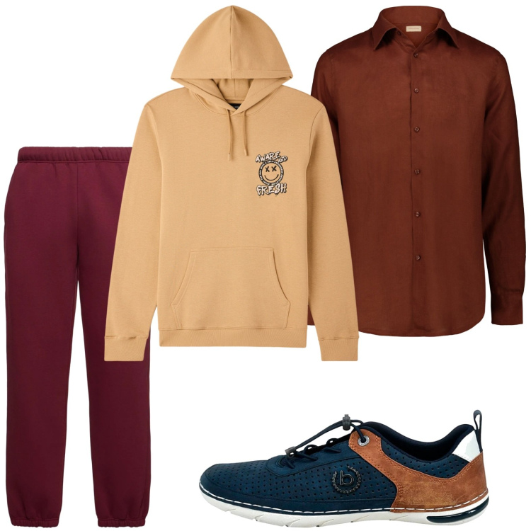 Outfit uomo - Look sportivo. Stile Casual per Tutti i giorni. Abbinamento con felpe con cappuccio, scarpe stringate, camicie, pantaloni.