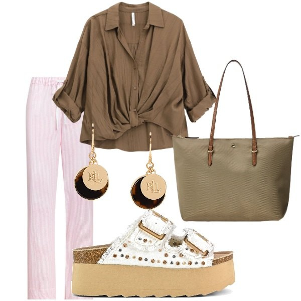 Outfit donna - Serate estive tra amici. Stile Casual per Serata fuori. Abbinamento con camicie, pantaloni, borse tote, orecchini, sandali.