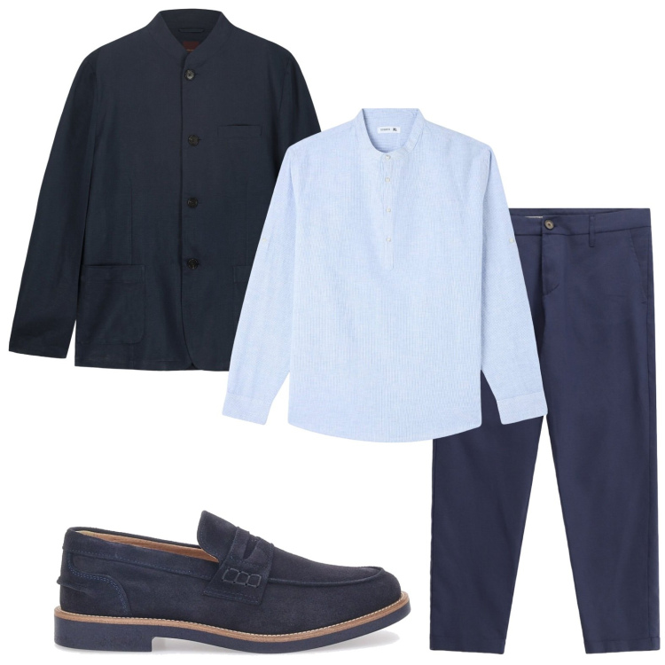 Outfit uomo - Eleganza in blu. Stile Casual per Tutti i giorni. Abbinamento con camicie, pantaloni, scarpe stringate, giacche.