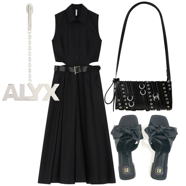 Outfit donna - Eleganza rock. Stile Trendy per Serata fuori. Abbinamento con borse a spalla, vestiti senza maniche, ciabatte, orecchini.