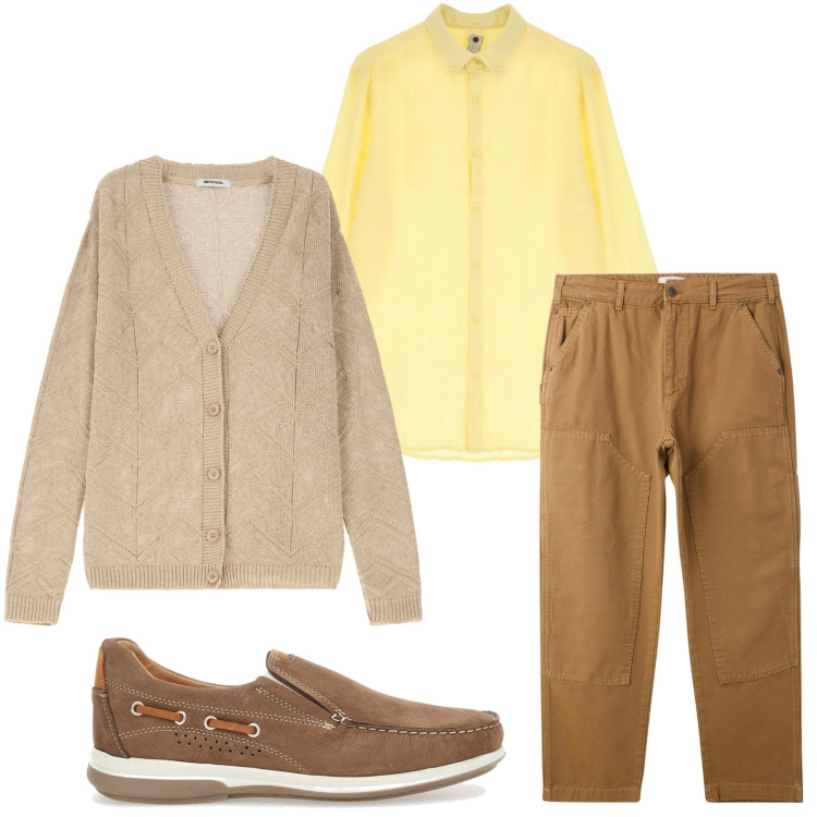 Outfit uomo - Il cardigan geometrico. Stile Casual per Ufficio. Abbinamento con pantaloni, cardigans, camicie, scarpe stringate.