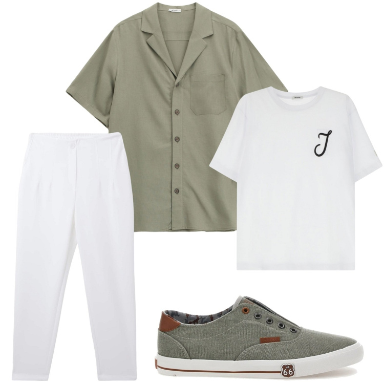 Outfit uomo - Eleganza quotidiana. Stile Trendy per Ufficio. Abbinamento con pantaloni chino, t-shirt, camicie a manica corta, sneakers.