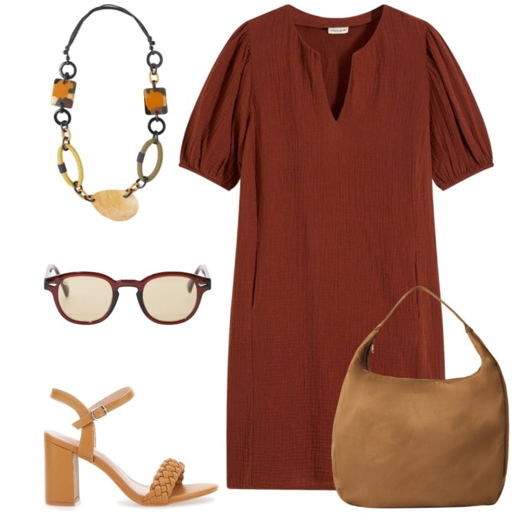 Outfit donna - Tempo libero. Stile Casual per Tutti i giorni. Abbinamento con vestiti corti, borse a mano, occhiali da sole, collane, sandali col tacco.