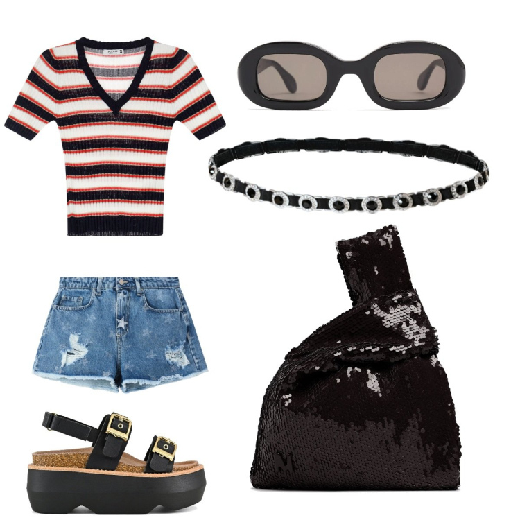 Outfit donna - passeggiata in centro città. Stile Urban per Mare. Abbinamento con shorts, cinture, maglieria, sandali col tacco, occhiali da sole, pochette.