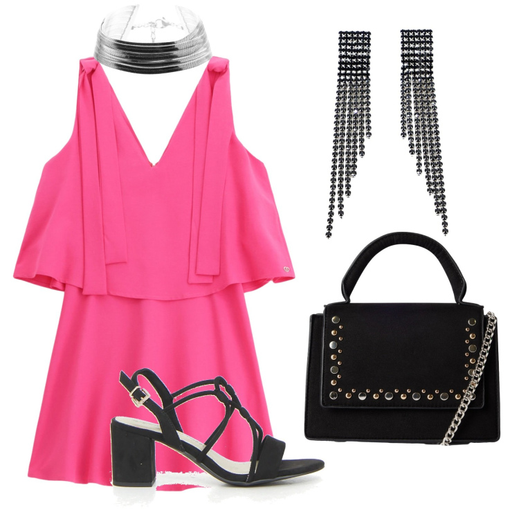 Outfit donna - I sandali giorno/sera. Stile Glamour per Serata fuori. Abbinamento con borse a tracolla, vestiti corti, orecchini, braccialetti, sandali col tacco.