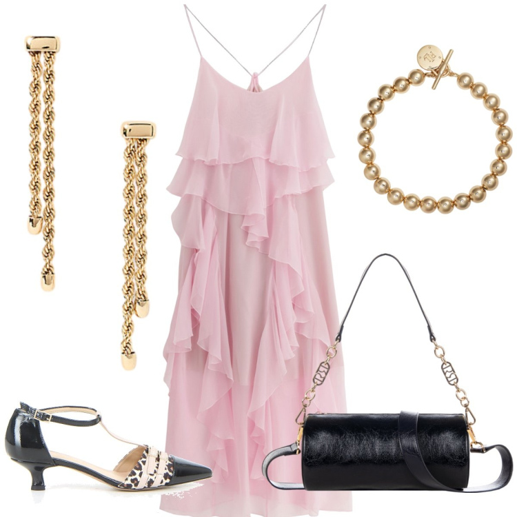 Outfit donna - Cerimonia. Stile Chic per Cerimonia. Abbinamento con borse a mano, vestiti lunghi, orecchini, braccialetti, sandali col tacco.