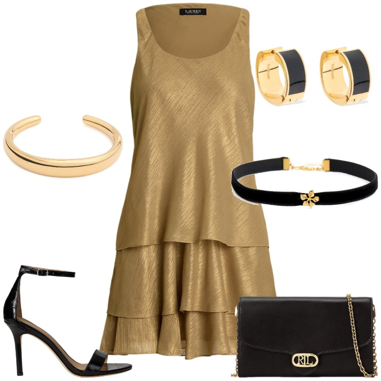 Outfit donna - Serata fuori. Stile Chic per Serata fuori. Abbinamento con borse a tracolla, vestiti senza maniche, sandali in pelle, braccialetti, orecchini, collane.