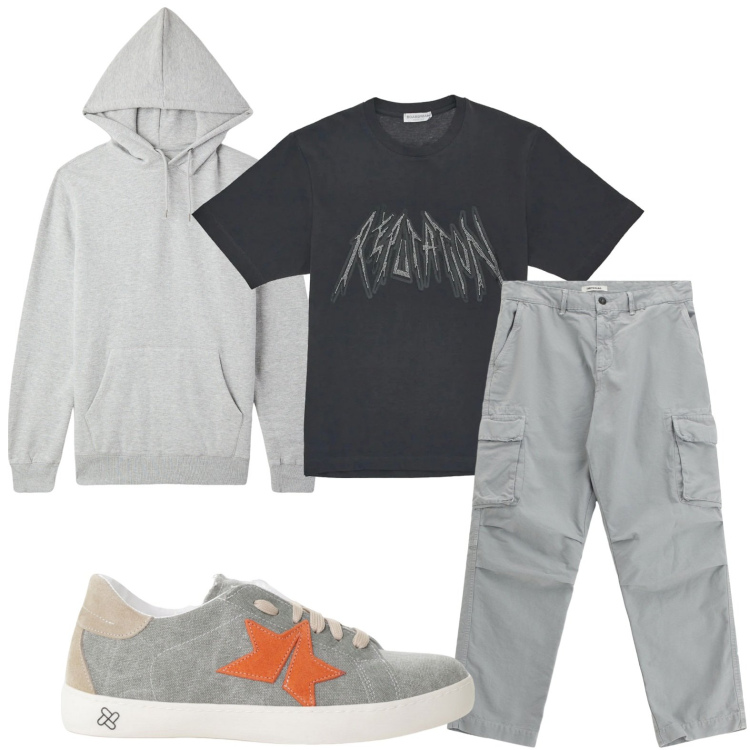 Outfit uomo - Look urbano. Stile Casual per Tutti i giorni. Abbinamento con felpe con cappuccio, sneakers, pantaloni cargo, t-shirt.
