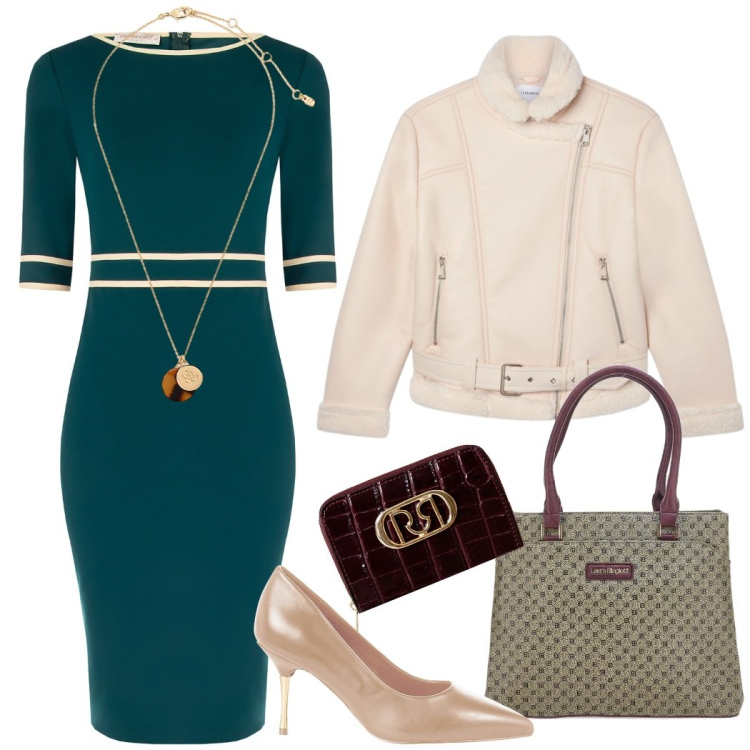 Outfit donna - Caffè con le amiche. Stile Chic per Tutti i giorni. Abbinamento con bomber, portafogli, décolleté, vestiti a tubino, collane, borse a spalla.