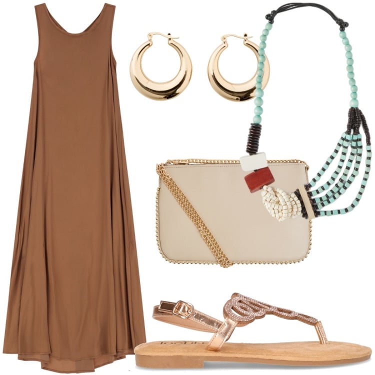 Outfit donna - Serata al mare. Stile Casual chic per Serata fuori. Abbinamento con orecchini, borse a tracolla, vestiti lunghi, sandali in pelle, collane.