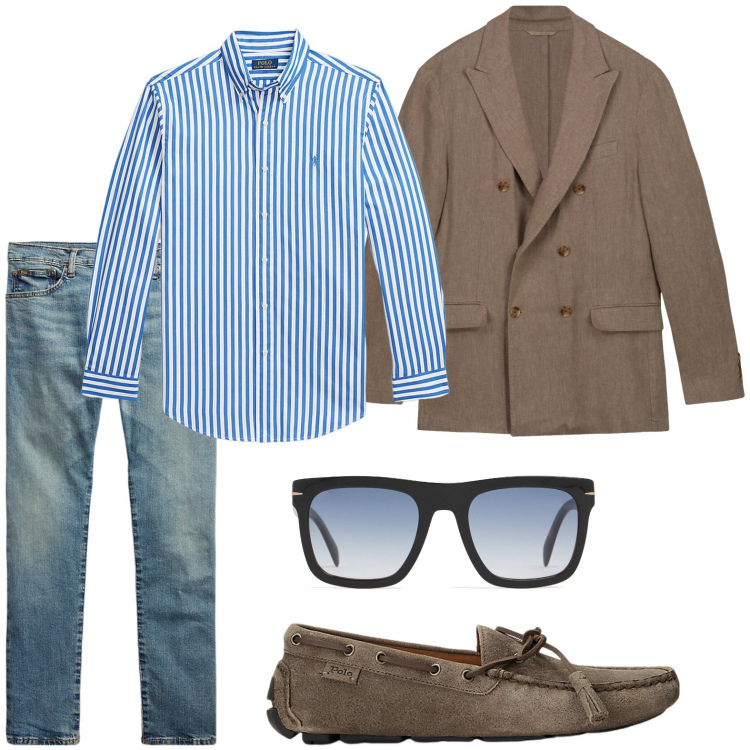 Outfit uomo - Righe 24h. Stile Casual per Ufficio. Abbinamento con scarpe stringate, jeans, camicie, giacche, occhiali da sole.