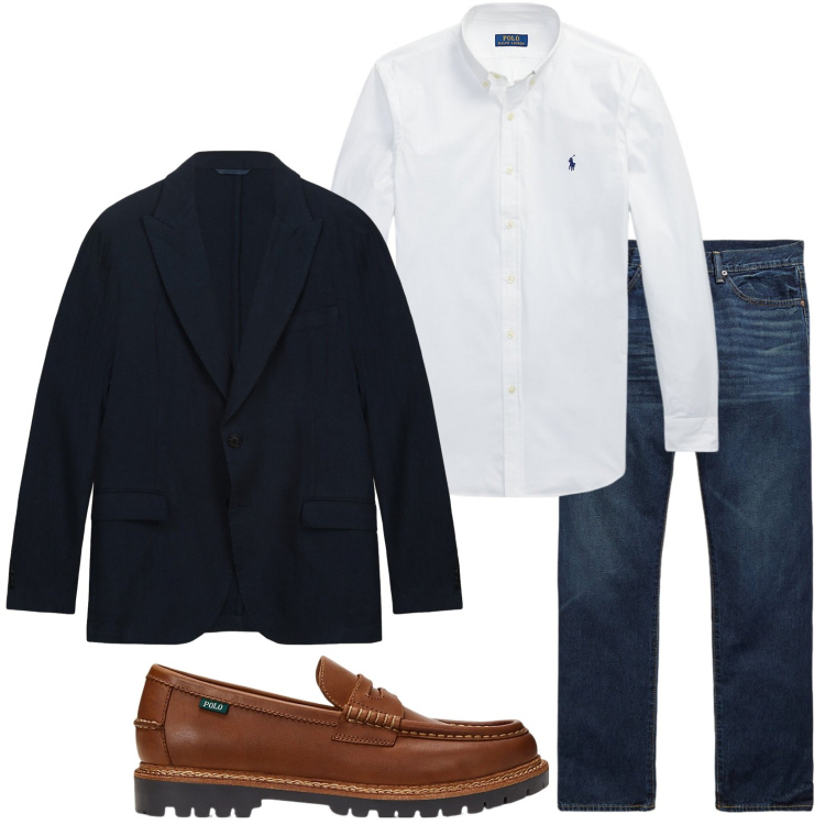 Outfit uomo - L\'iconica camicia bianca. Stile Casual per Ufficio. Abbinamento con camicie, scarpe stringate, jeans dritti, giacche.