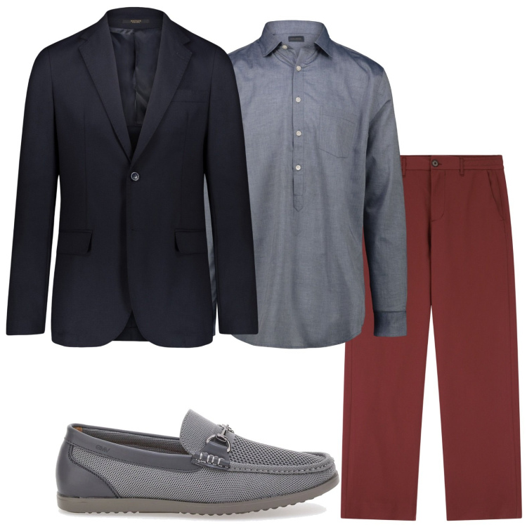 Outfit uomo - Fascino bordeaux. Stile Casual per Ufficio. Abbinamento con pantaloni, giacche, scarpe stringate, camicie.