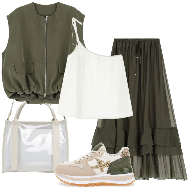 Outfit donna - Total look #2221482. Stile Glamour per Tutti i giorni. Abbinamento con borse tote, top, blazer, gonne lunghe, sneakers.