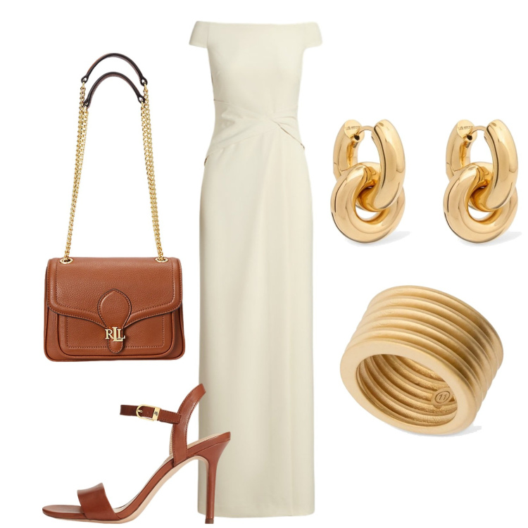 Outfit donna - Total look #2221483. Stile Chic per Cerimonia. Abbinamento con vestiti lunghi, sandali in pelle, borse a spalla, orecchini, anelli.