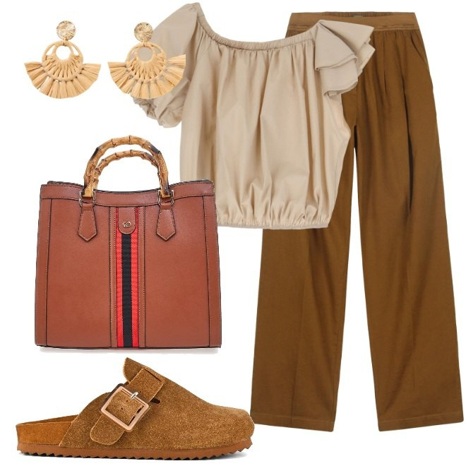 Outfit donna - Sfumature di marrone. Stile Boho per Tutti i giorni. Abbinamento con orecchini, top, pantaloni, borse a tracolla, sabot.
