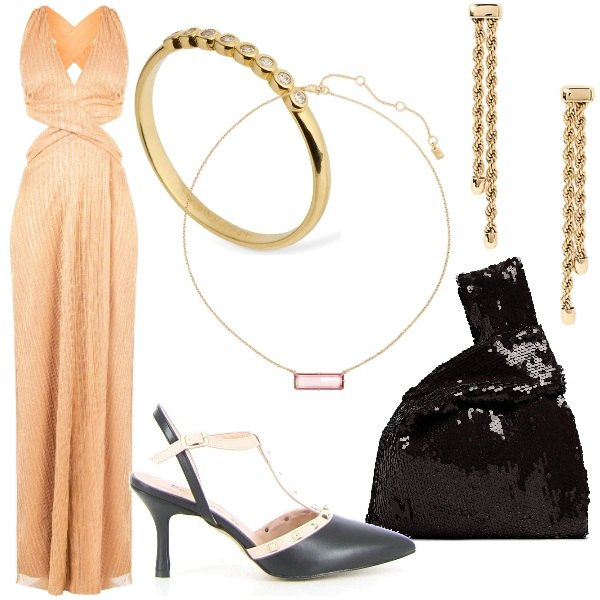 Outfit donna - Cut-out elegante. Stile Glamour per Cerimonia. Abbinamento con vestiti lunghi, orecchini, collane, pochette, anelli, sandali in pelle.
