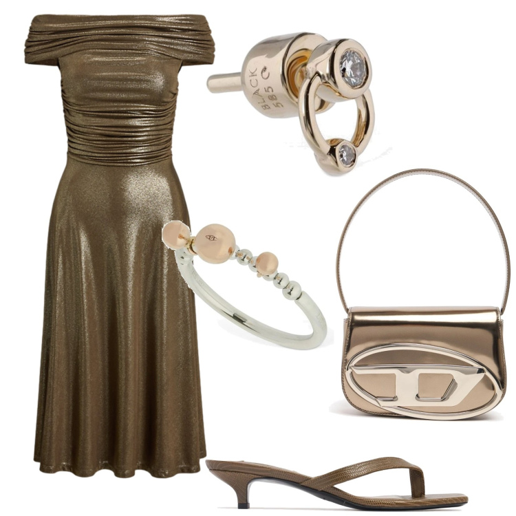 Outfit donna - Total look #2221486. Stile Glamour per Serata fuori. Abbinamento con vestiti, anelli, orecchini, borse a spalla, sandali in pelle.