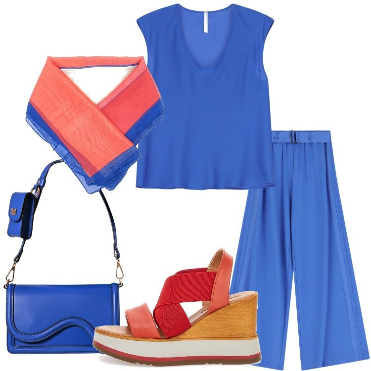 Outfit donna - Blu elettrico e tocchi corallo. Stile Casual chic per Serata fuori. Abbinamento con pochette, pantaloni, top, sandali, foulard.