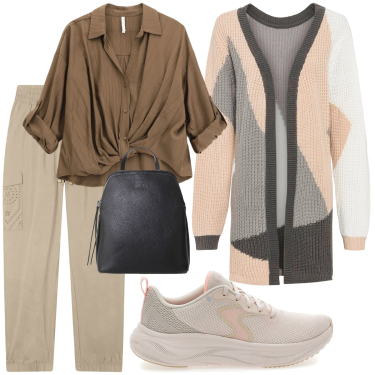 Outfit donna - Comoda in montagna. Abbinamento con cardigans, zaini, camicie, pantaloni cargo, sneakers.