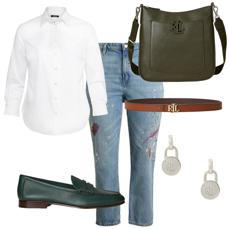 Outfit donna - Oggi in ufficio. Stile Casual per Ufficio. Abbinamento con mocassini, cinture, orecchini, camicie, jeans boyfriend, borse a tracolla.