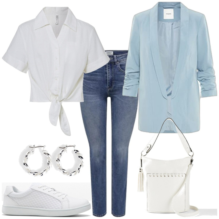 Outfit femme - Un look idéal. Style Urban pour Bureau. Assortir avec sneakers, tuniques, sacs à main, boucles d'oreilles, blazers, jeans.