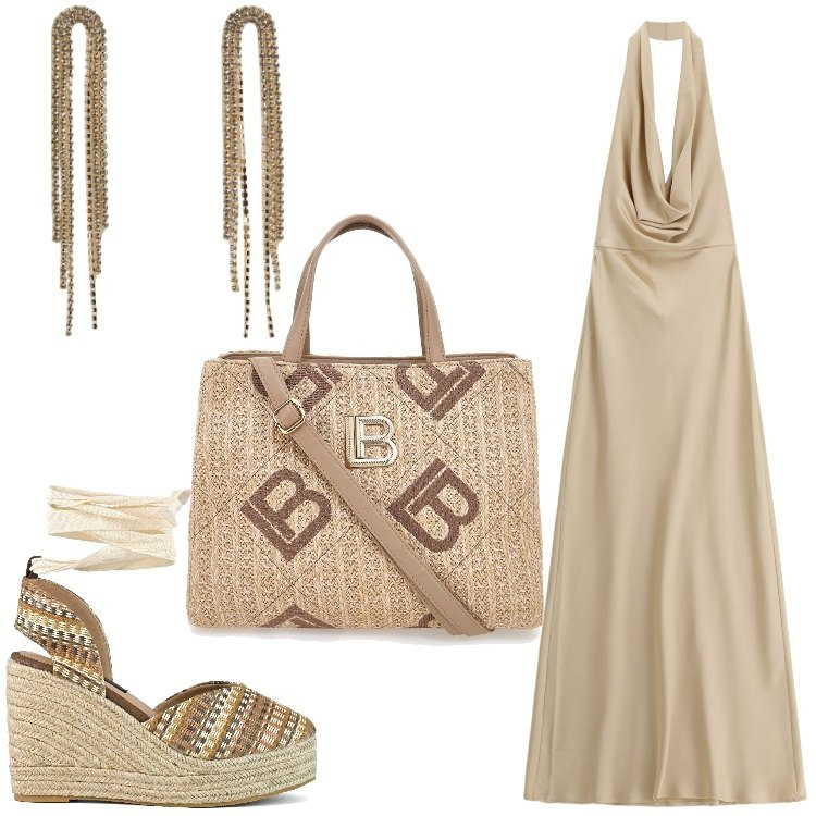 Outfit donna - Agosto in beige. Stile Chic per Serata fuori. Abbinamento con orecchini, vestiti lunghi, zeppe, borse a tracolla.