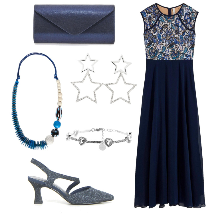 Outfit donna - Serata in blu. Stile Glamour per Serata fuori. Abbinamento con vestiti lunghi, orecchini, braccialetti, décolleté, borse a tracolla, collane.