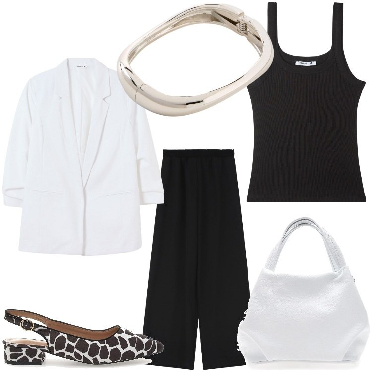 Outfit donna - Bianconero. Stile Bon Ton per Ufficio. Abbinamento con braccialetti, blazer, canottiere, pantaloni a palazzo, ballerine, borse a spalla.