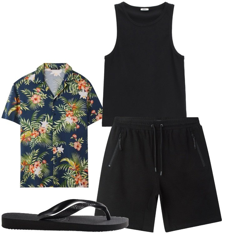 Outfit uomo - Flowers. Stile Casual per Tutti i giorni. Abbinamento con camicie a manica corta, bermuda, canottiere, sandali.