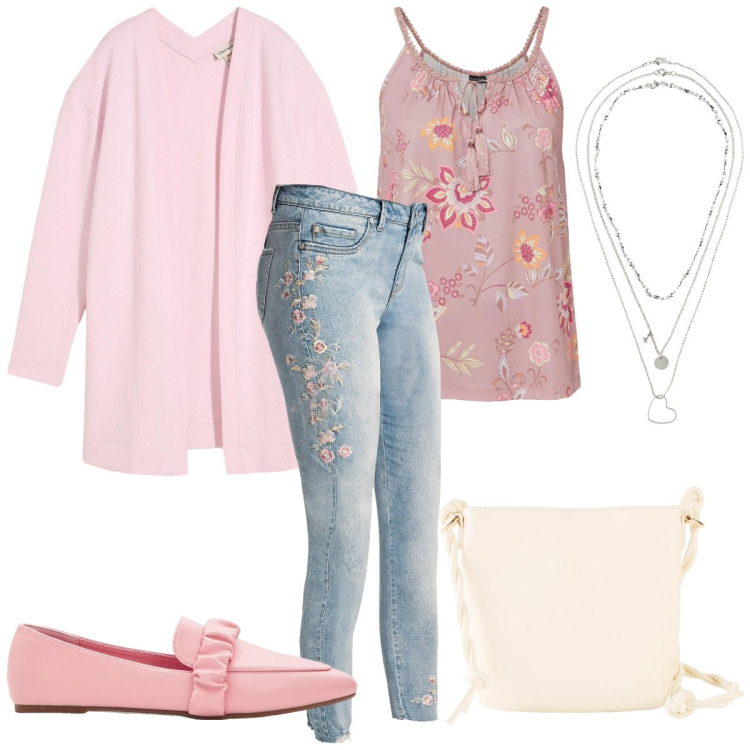 Outfit donna - Rosa denim. Stile Preppy per Tutti i giorni. Abbinamento con jeans, felpe, mocassini, collane, top, borse a tracolla.