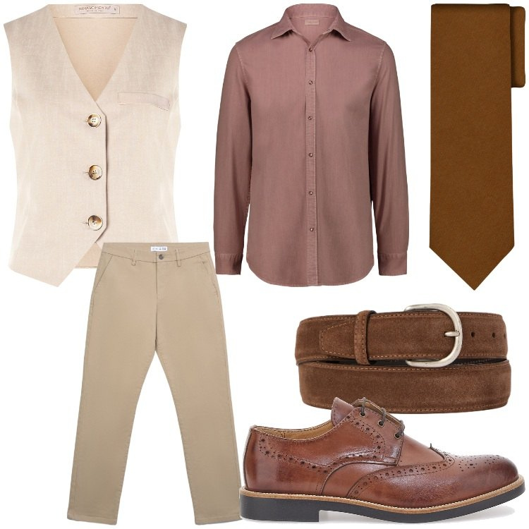 Outfit uomo - Invitato ad agosto. Stile Business/Elegante per Cerimonia. Abbinamento con pantaloni chino, gilet, cinture, scarpe stringate, cravatte, camicie.