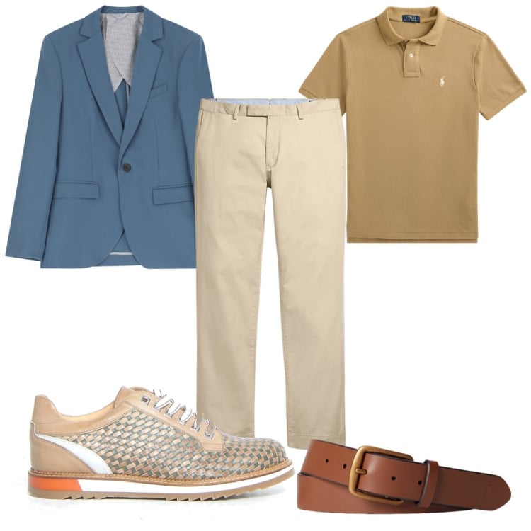 Outfit uomo - Estate in ufficio. Stile Casual per Ufficio. Abbinamento con giacche, pantaloni chino, cinture, polo, scarpe stringate.