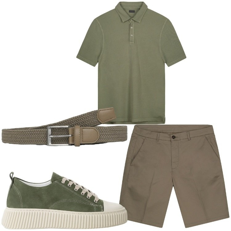 Outfit uomo - Verde bosco. Stile Casual per Tutti i giorni. Abbinamento con cinture, sneakers, polo, bermuda.