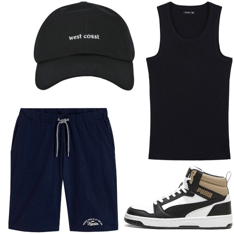 Outfit uomo - Basket. Stile Casual per Sport. Abbinamento con bermuda, cappelli con visiera, canottiere, sneakers alte.