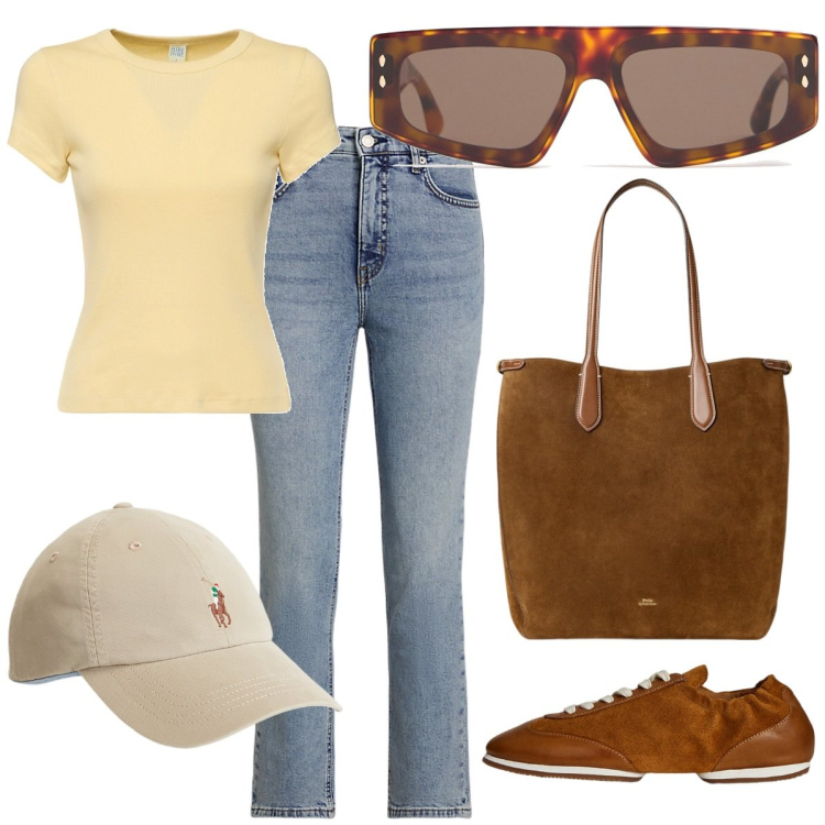 Outfit donna - Tempo Libero in vacanza. Stile Casual chic per Mare. Abbinamento con cappelli, jeans dritti, borse tote, ballerine, occhiali da sole, t-shirt.