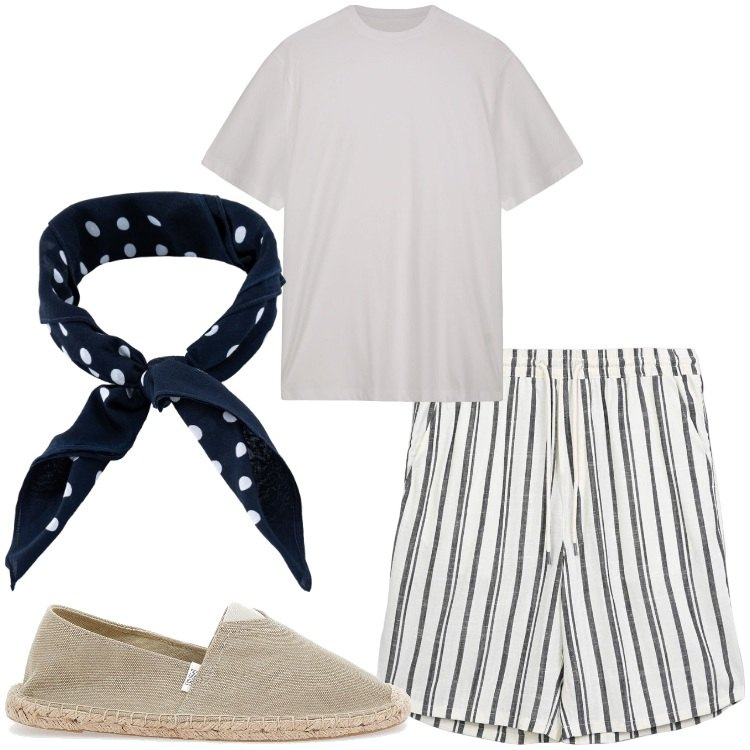 Outfit uomo - Righe e pois. Stile Casual per Tutti i giorni. Abbinamento con pantaloni corti, sciarpe e foulard, t-shirt, espadrillas.