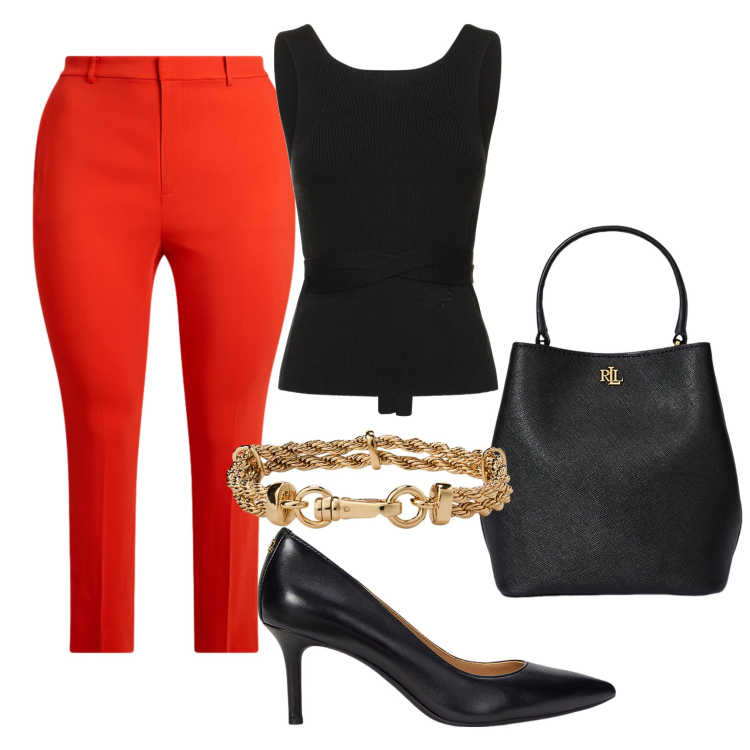 Outfit donna - Il pantalone rosso. Stile Casual chic per Tutti i giorni. Abbinamento con borse a secchiello, pantaloni, braccialetti, décolleté, top.