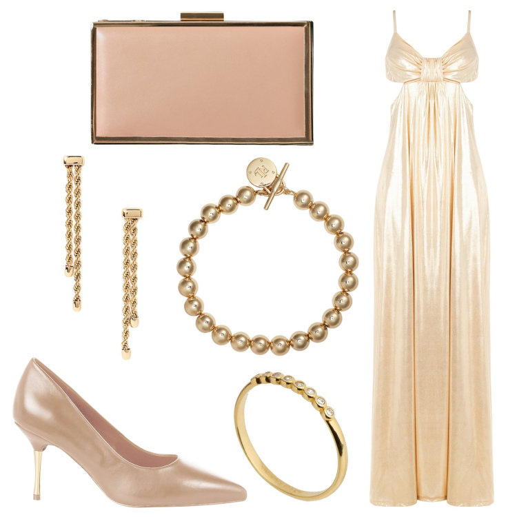 Outfit donna - Il vestito luminoso. Stile Glamour per Serata fuori. Abbinamento con décolleté, pochette, vestiti lunghi, braccialetti, orecchini, anelli.