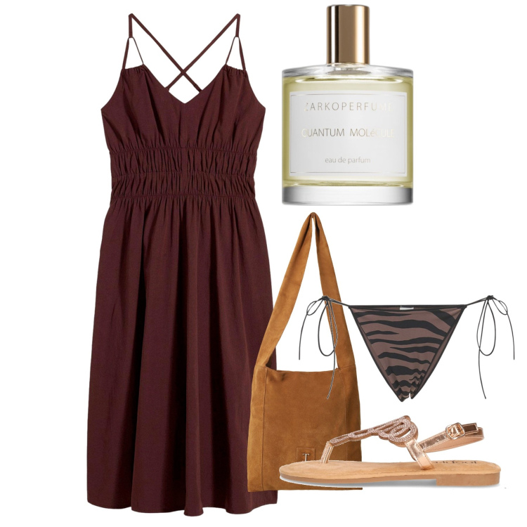 Outfit donna - Agosto. Stile Chic per Mare. Abbinamento con vestiti, profumi, borse a tracolla, bikini, sandali in pelle.