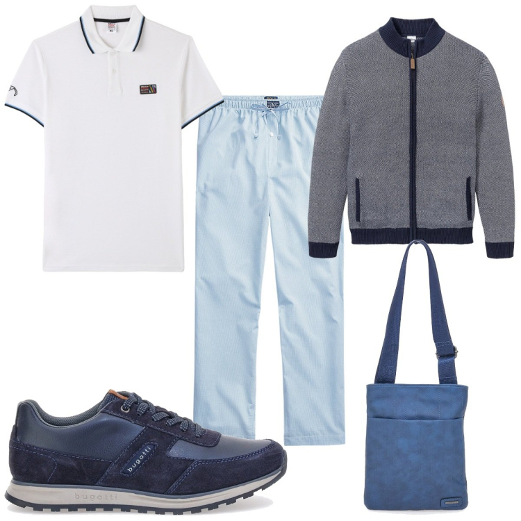 Outfit uomo - La polo per agosto. Stile Trendy per Tutti i giorni. Abbinamento con cardigans, polo, pantaloni, scarpe stringate, portafogli.