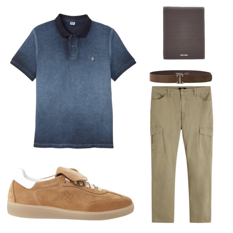 Outfit uomo - Un uomo sicuro di se. Stile Casual per Tutti i giorni. Abbinamento con polo, pantaloni cargo, cinture, sneakers, portafogli.