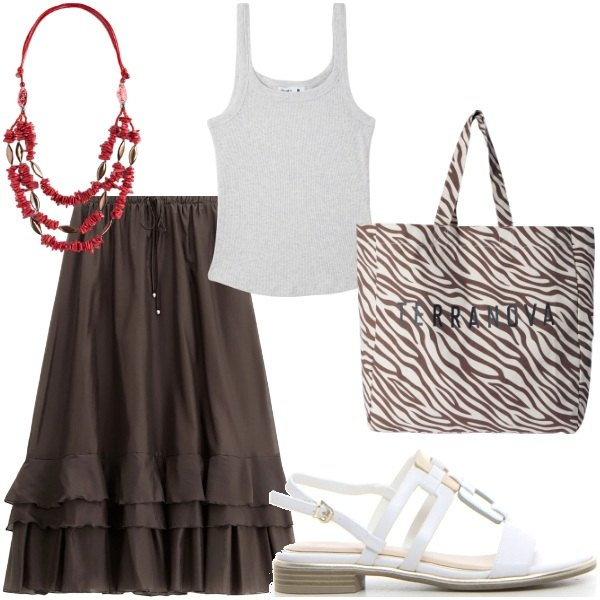 Outfit donna - Serate estive tra amici. Stile Casual per Serata fuori. Abbinamento con borse tote, canottiere, gonne lunghe, collane, sandali.