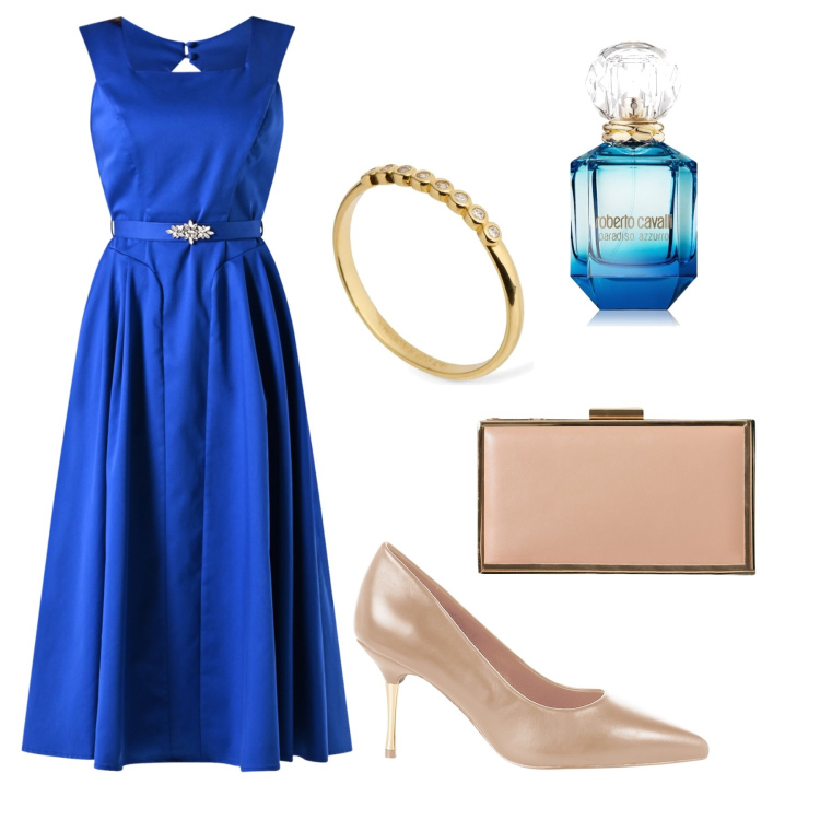 Outfit donna - Cerimonia blu cina. Stile Chic per Cerimonia. Abbinamento con profumi, décolleté, pochette, vestiti midi/longuette, anelli.