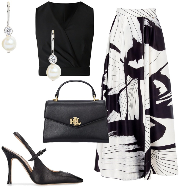 Outfit donna - Stile anni \'50. Stile Chic per Cerimonia. Abbinamento con top, gonne lunghe, orecchini, borse a mano, décolleté.