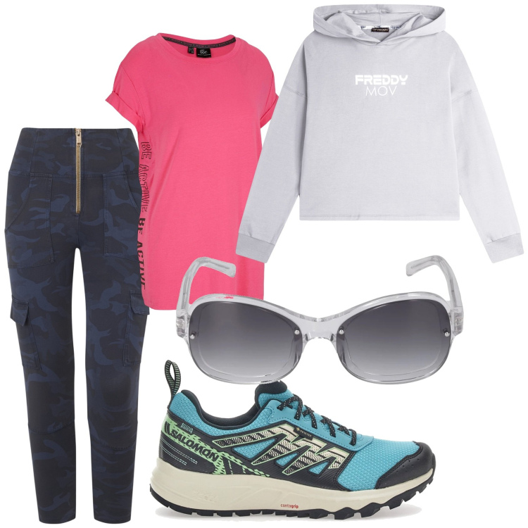 Outfit donna - Total look #2221571. Stile Sporty chic per Sport. Abbinamento con t-shirt sportive, pantaloni cargo, felpe sportive, scarpe sportive, occhiali da sole.