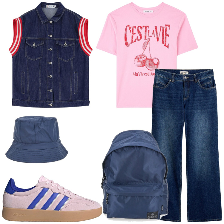 Outfit donna - Vacanze in montagna. Stile Casual per Tutti i giorni. Abbinamento con jeans dritti, t-shirt, gilet, berretti, zaini, sneakers.